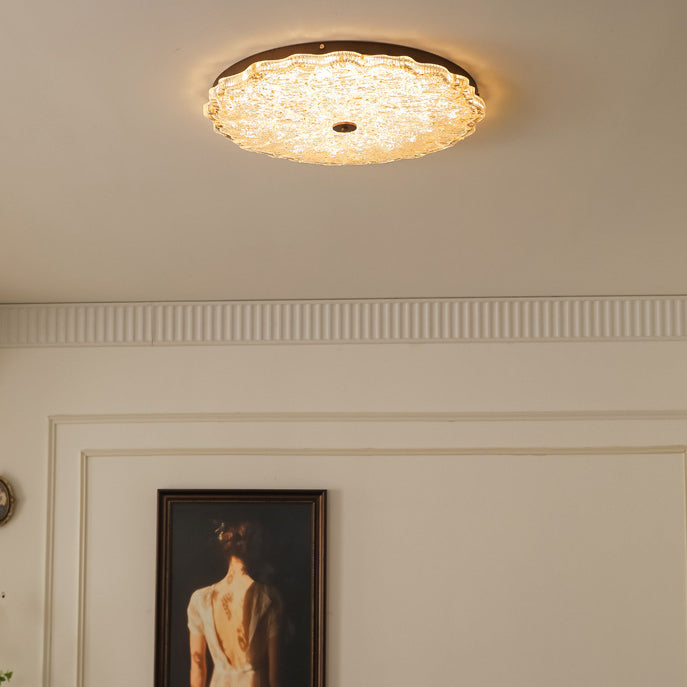 Contemporary Retro Round Lace Gold Foil Iron Resin LED Flush Mount Ceiling Light For Living Room