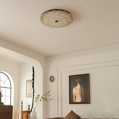 Contemporary Retro Round Lace Gold Foil Iron Resin LED Flush Mount Ceiling Light For Living Room