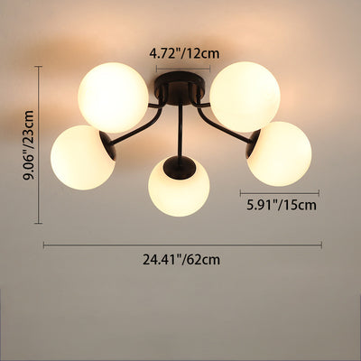 Modern Minimalist Curved Pole Globe Iron Glass 3/5 Light Semi-Flush Mount Ceiling Light For Living Room