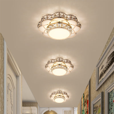 Contemporary Creative Flower Iron Crystal Glass Shade LED Flush Mount Ceiling Light For Hallway