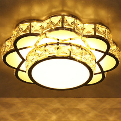 Contemporary Creative Flower Iron Crystal Glass Shade LED Flush Mount Ceiling Light For Hallway