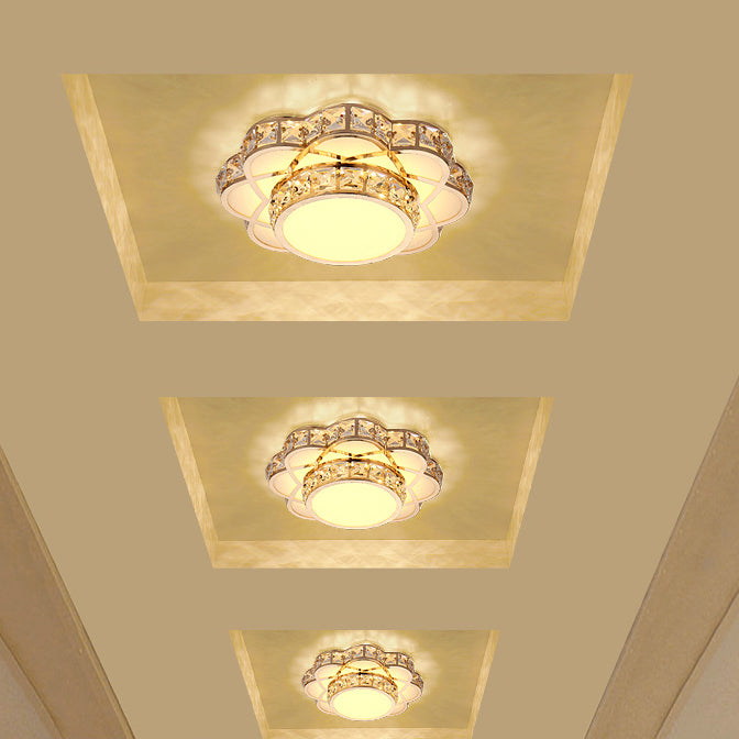 Contemporary Creative Flower Iron Crystal Glass Shade LED Flush Mount Ceiling Light For Hallway