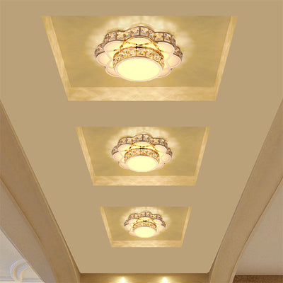 Contemporary Creative Flower Iron Crystal Glass Shade LED Flush Mount Ceiling Light For Hallway