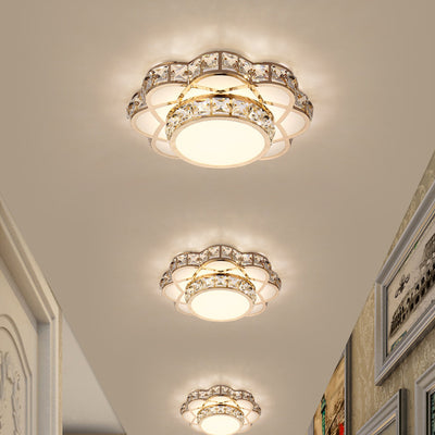 Contemporary Creative Flower Iron Crystal Glass Shade LED Flush Mount Ceiling Light For Hallway