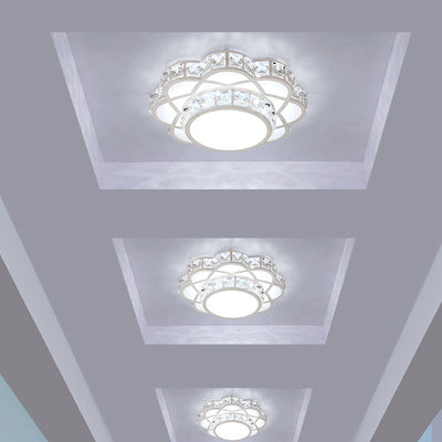 Contemporary Creative Flower Iron Crystal Glass Shade LED Flush Mount Ceiling Light For Hallway