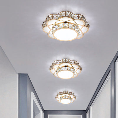 Contemporary Creative Flower Iron Crystal Glass Shade LED Flush Mount Ceiling Light For Hallway