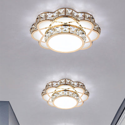 Contemporary Creative Flower Iron Crystal Glass Shade LED Flush Mount Ceiling Light For Hallway