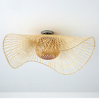 Traditional Chinese Round Straw Hat Shape Bamboo 1-Light Semi-Flush Mount Ceiling Light For Living Room