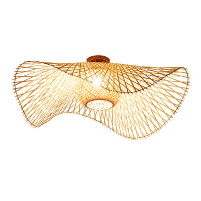 Traditional Chinese Round Straw Hat Shape Bamboo 1-Light Semi-Flush Mount Ceiling Light For Living Room