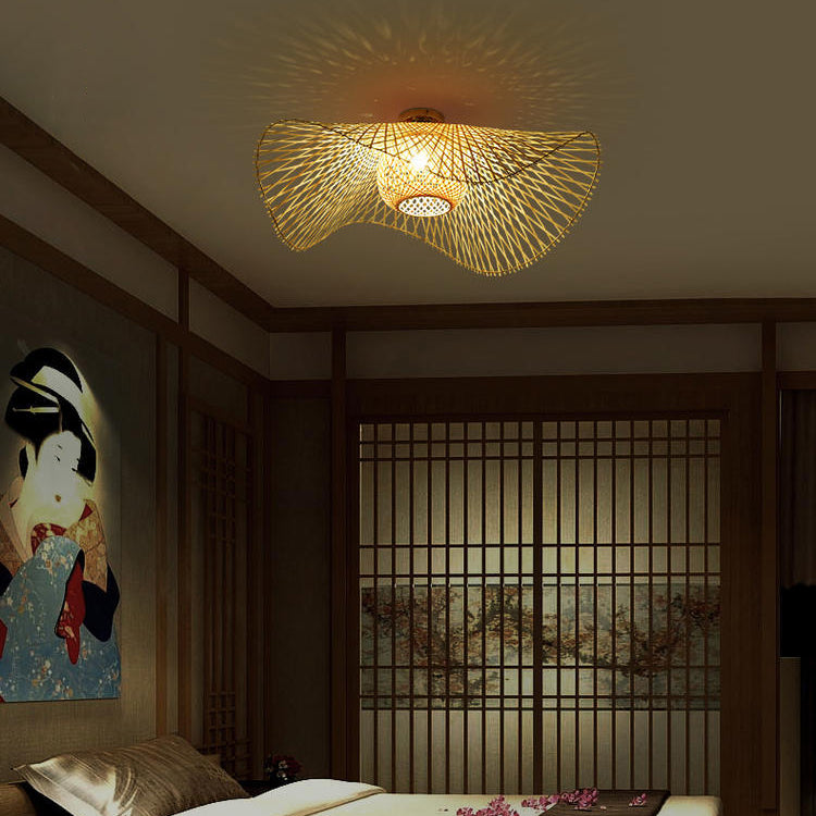 Traditional Chinese Round Straw Hat Shape Bamboo 1-Light Semi-Flush Mount Ceiling Light For Living Room