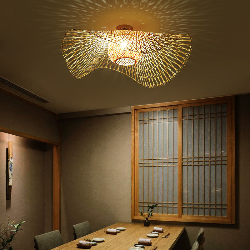 Traditional Chinese Round Straw Hat Shape Bamboo 1-Light Semi-Flush Mount Ceiling Light For Living Room