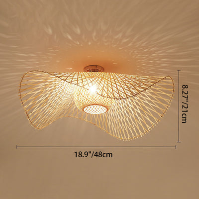 Traditional Chinese Round Straw Hat Shape Bamboo 1-Light Semi-Flush Mount Ceiling Light For Living Room