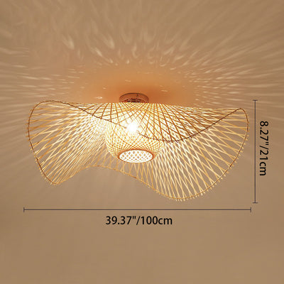 Traditional Chinese Round Straw Hat Shape Bamboo 1-Light Semi-Flush Mount Ceiling Light For Living Room