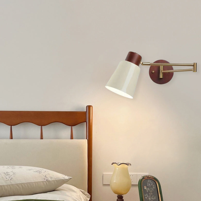 Modern Minimalist Swingable Globe Cylinder Dome Horn Shape Iron Solid Wood PE 1-Light Wall Sconce Lamp For Bedroom