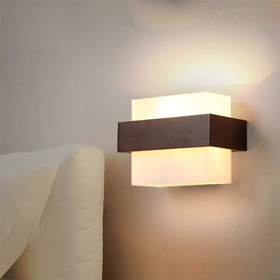 Traditional Chinese Square Rectangle Wood Glass 1-Light Wall Sconce Lamp For Bedroom