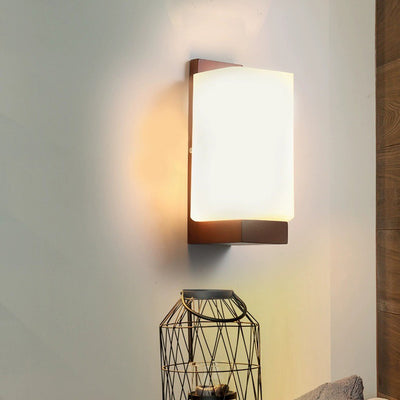 Traditional Chinese Square Rectangle Wood Glass 1-Light Wall Sconce Lamp For Bedroom