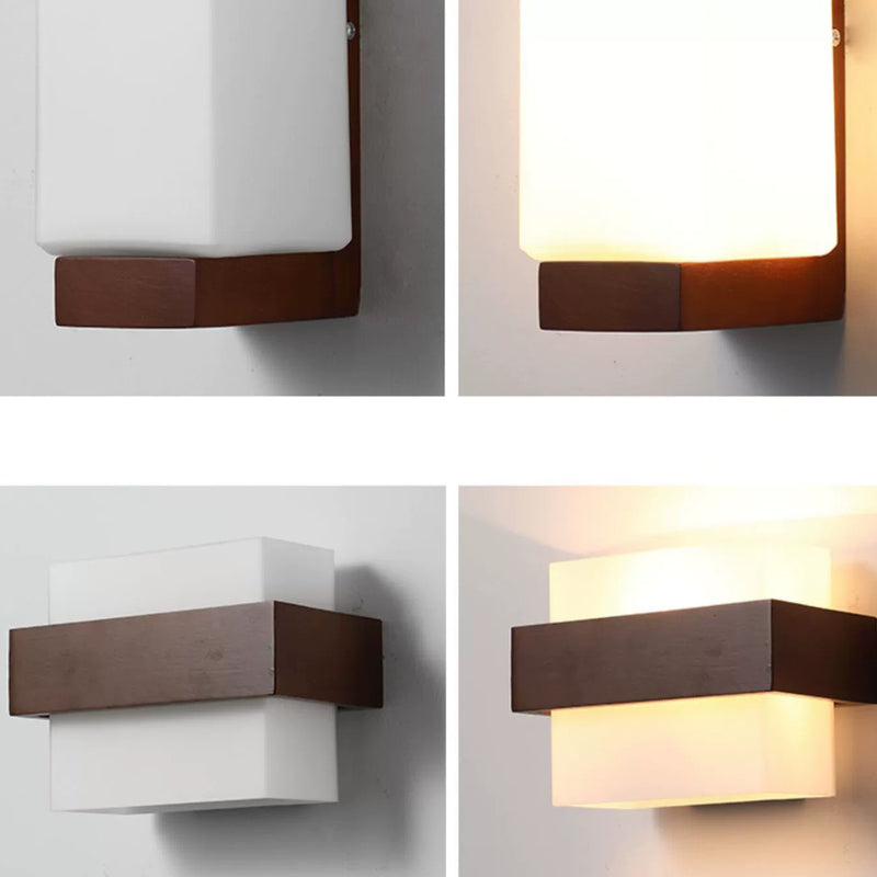 Traditional Chinese Square Rectangle Wood Glass 1-Light Wall Sconce Lamp For Bedroom