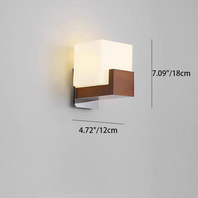 Traditional Chinese Square Rectangle Wood Glass 1-Light Wall Sconce Lamp For Bedroom