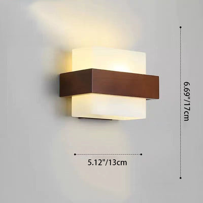 Traditional Chinese Square Rectangle Wood Glass 1-Light Wall Sconce Lamp For Bedroom