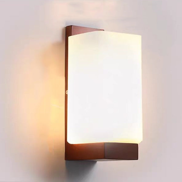 Traditional Chinese Square Rectangle Wood Glass 1-Light Wall Sconce Lamp For Bedroom