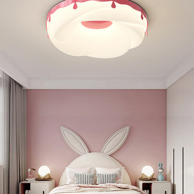 Contemporary Creative Kids Round Donut Hardware Frame Plastic Shade LED Flush Mount Ceiling Light For Bedroom