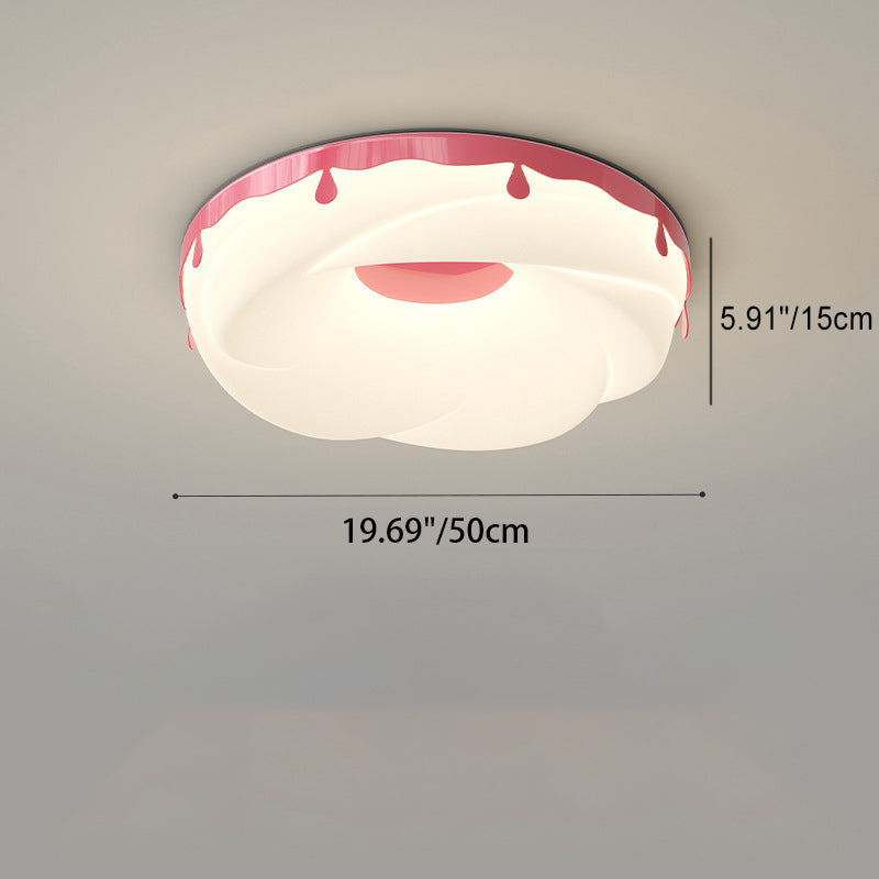 Contemporary Creative Kids Round Donut Hardware Frame Plastic Shade LED Flush Mount Ceiling Light For Bedroom