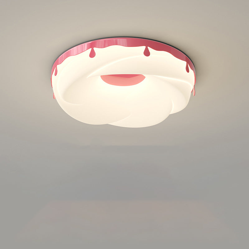 Contemporary Creative Kids Round Donut Hardware Frame Plastic Shade LED Flush Mount Ceiling Light For Bedroom