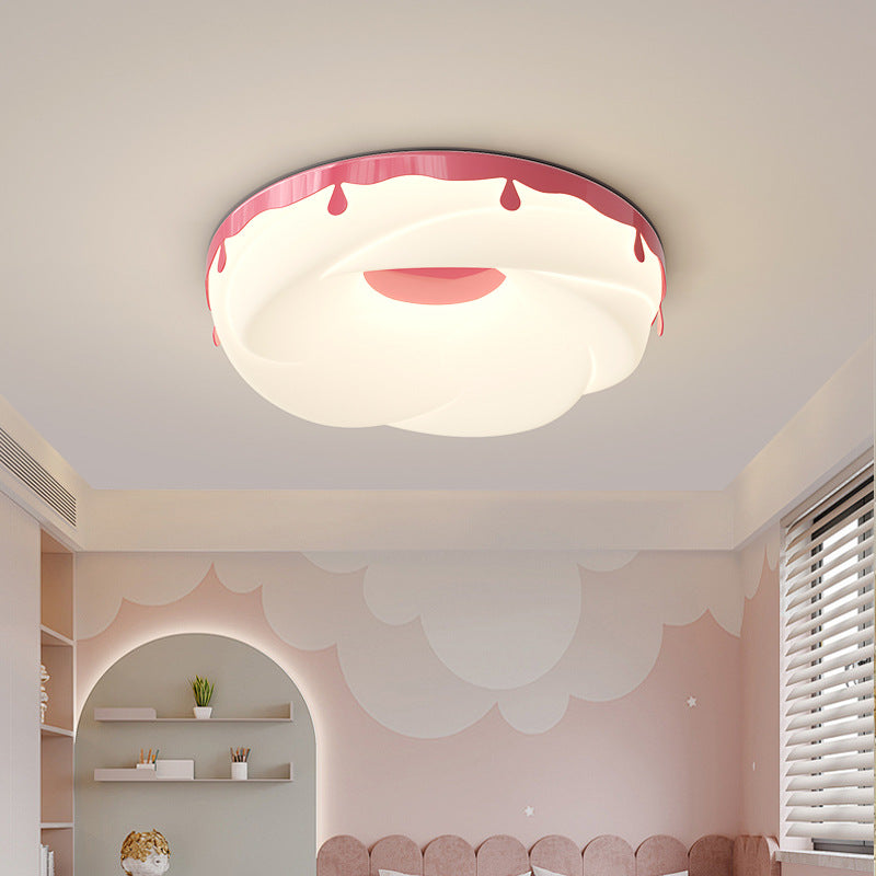 Contemporary Creative Kids Round Donut Hardware Frame Plastic Shade LED Flush Mount Ceiling Light For Bedroom