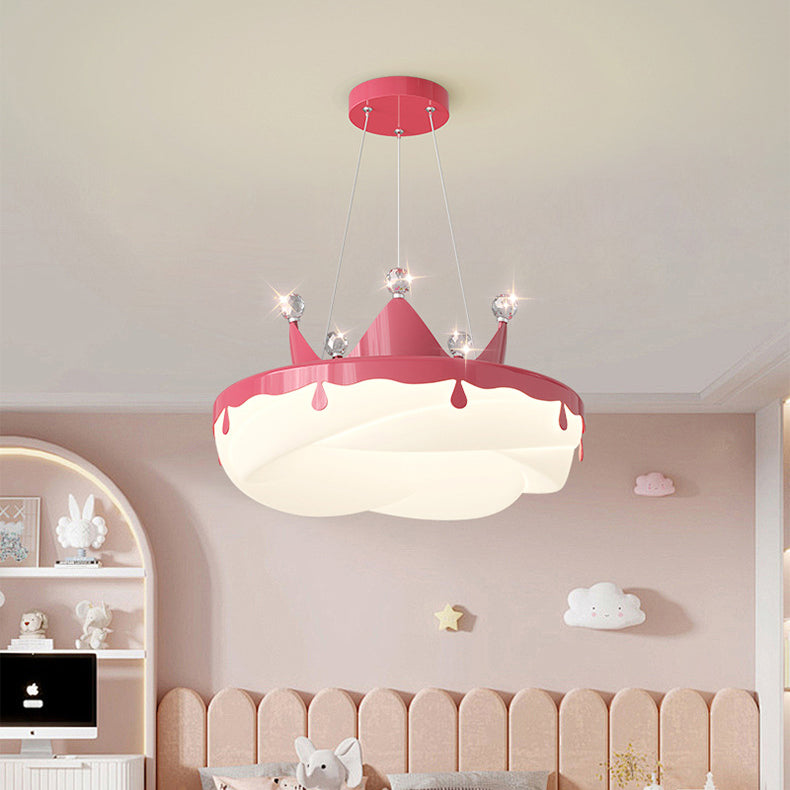 Contemporary Creative Kids Round Crown Donut Hardware Frame Plastic Shade LED Pendant Light For Bedroom