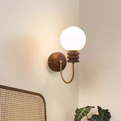 Contemporary Retro Curved Pole Globe Cylinder Iron Solid Wood Frame Glass Shade 1-Light Wall Sconce Lamp For Bedroom