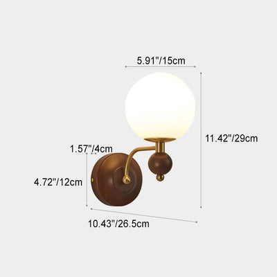 Contemporary Retro Curved Pole Globe Cylinder Iron Solid Wood Frame Glass Shade 1-Light Wall Sconce Lamp For Bedroom