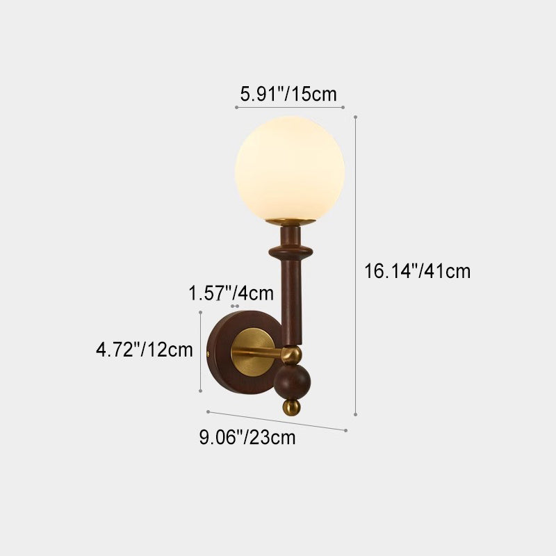 Contemporary Retro Curved Pole Globe Cylinder Iron Solid Wood Frame Glass Shade 1-Light Wall Sconce Lamp For Bedroom