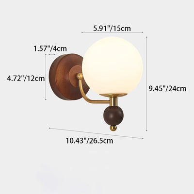 Contemporary Retro Curved Pole Globe Cylinder Iron Solid Wood Frame Glass Shade 1-Light Wall Sconce Lamp For Bedroom