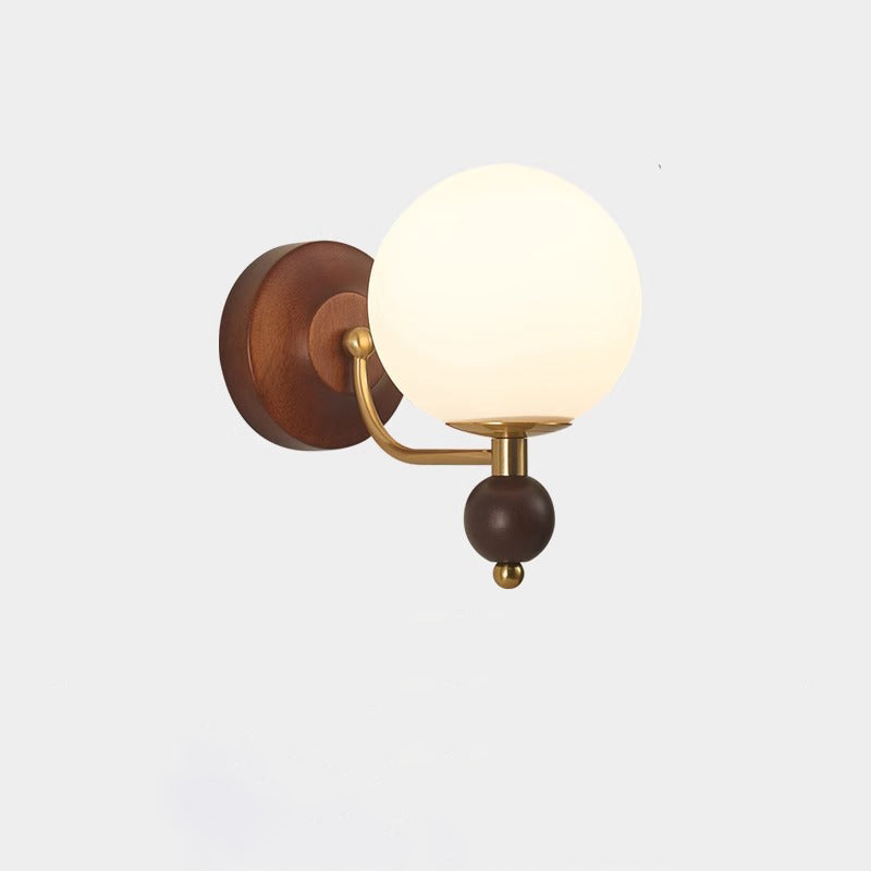 Contemporary Retro Curved Pole Globe Cylinder Iron Solid Wood Frame Glass Shade 1-Light Wall Sconce Lamp For Bedroom