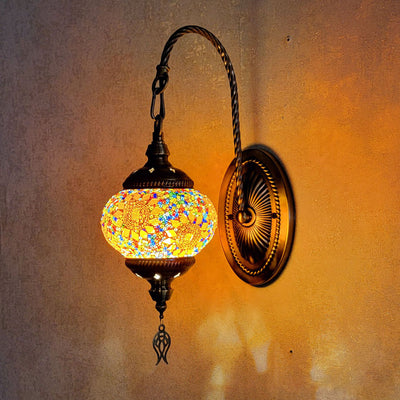 Traditional Tiffany Curved Pole Oval Iron Stained Glass 1-Light Wall Sconce Lamp For Living Room