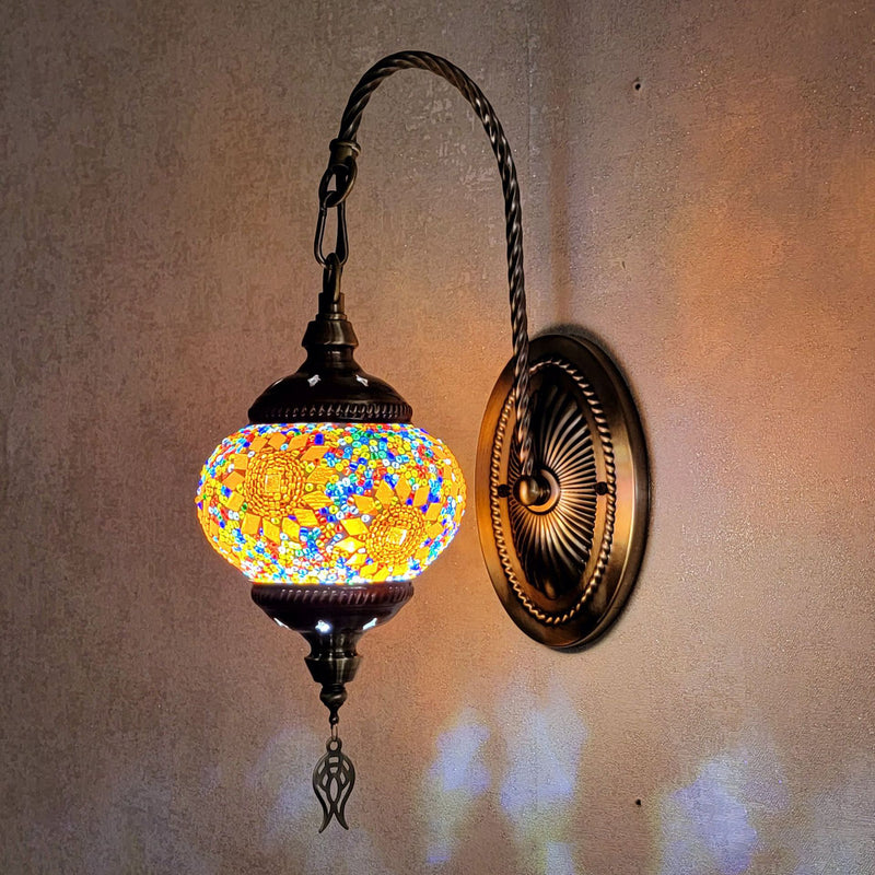 Traditional Tiffany Curved Pole Oval Iron Stained Glass 1-Light Wall Sconce Lamp For Living Room