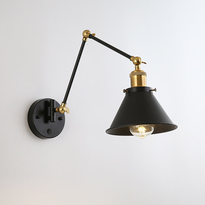 Contemporary Retro Retractable Long Pole Round Horn Shape Iron 1-Light Wall Sconce Lamp For Bedroom