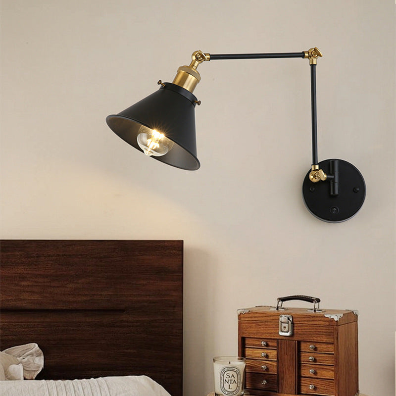 Contemporary Retro Retractable Long Pole Round Horn Shape Iron 1-Light Wall Sconce Lamp For Bedroom