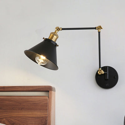 Contemporary Retro Retractable Long Pole Round Horn Shape Iron 1-Light Wall Sconce Lamp For Bedroom