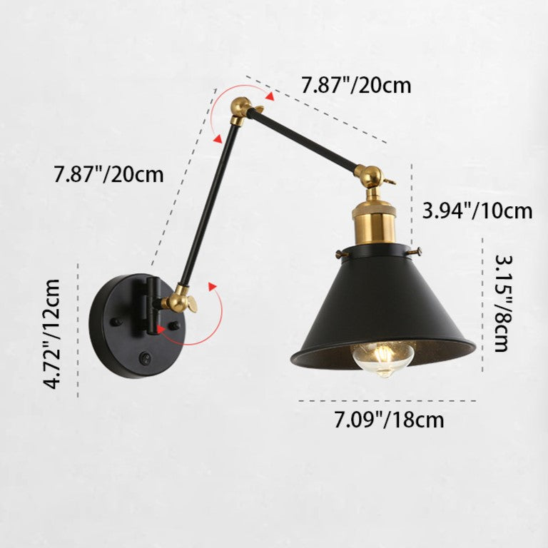 Contemporary Retro Retractable Long Pole Round Horn Shape Iron 1-Light Wall Sconce Lamp For Bedroom