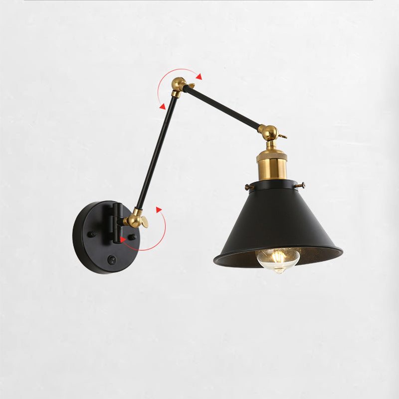 Contemporary Retro Retractable Long Pole Round Horn Shape Iron 1-Light Wall Sconce Lamp For Bedroom