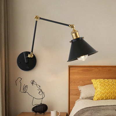 Contemporary Retro Retractable Long Pole Round Horn Shape Iron 1-Light Wall Sconce Lamp For Bedroom