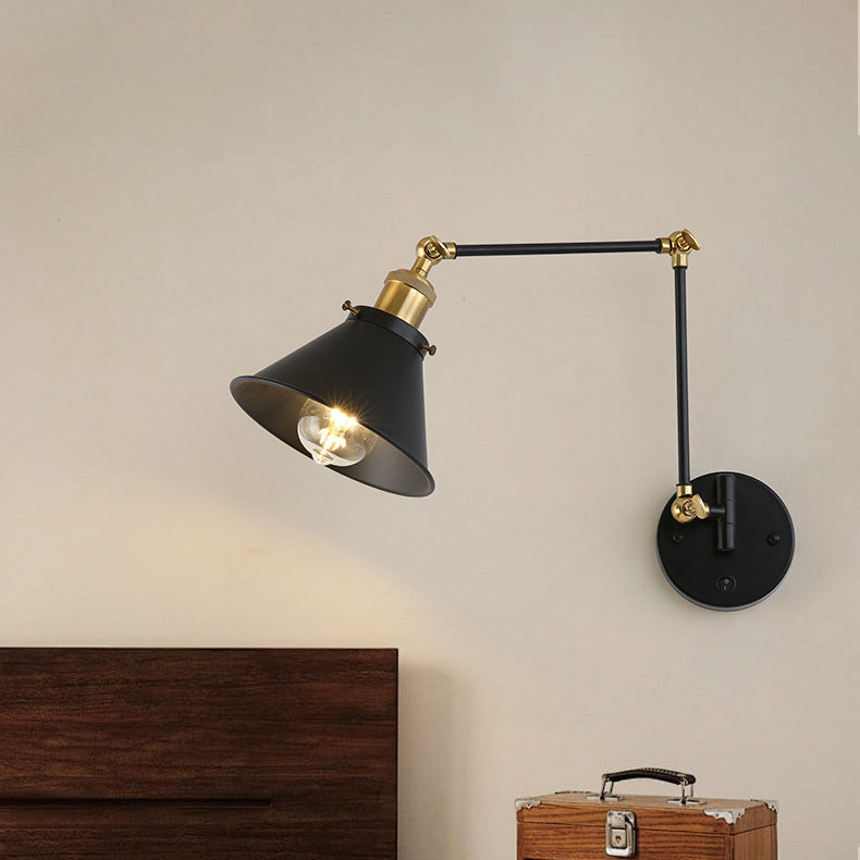 Contemporary Retro Retractable Long Pole Round Horn Shape Iron 1-Light Wall Sconce Lamp For Bedroom