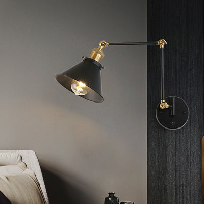 Contemporary Retro Retractable Long Pole Round Horn Shape Iron 1-Light Wall Sconce Lamp For Bedroom