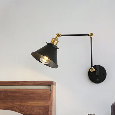 Contemporary Retro Retractable Long Pole Round Horn Shape Iron 1-Light Wall Sconce Lamp For Bedroom