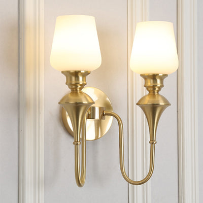 Traditional European Curved Rod Candle Holder Cup Shape Full Brass Frame Glass Shade 1/2 Light Wall Sconce Lamp For Living Room