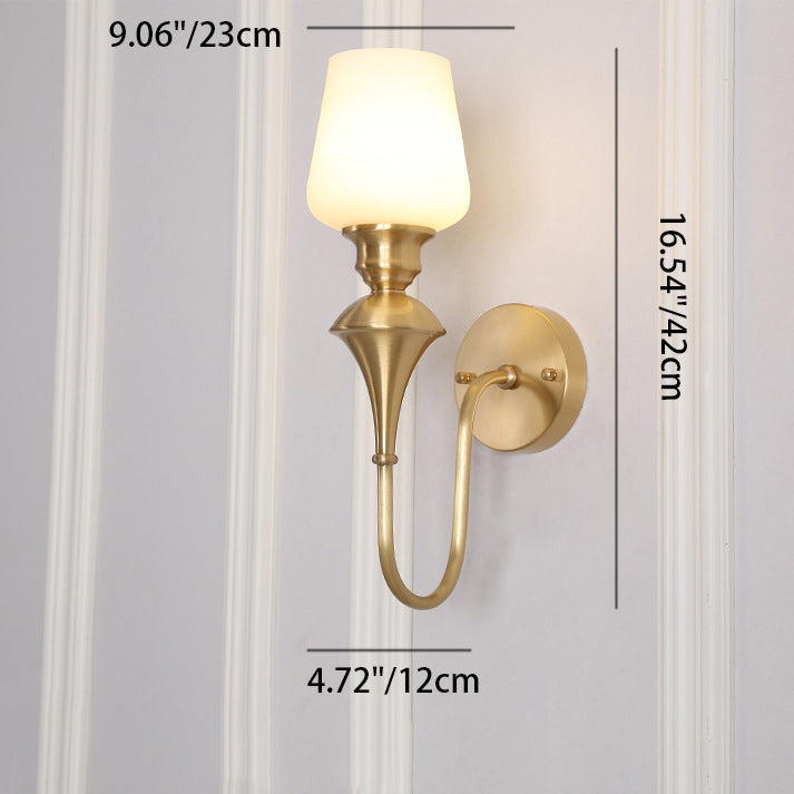 Traditional European Curved Rod Candle Holder Cup Shape Full Brass Frame Glass Shade 1/2 Light Wall Sconce Lamp For Living Room