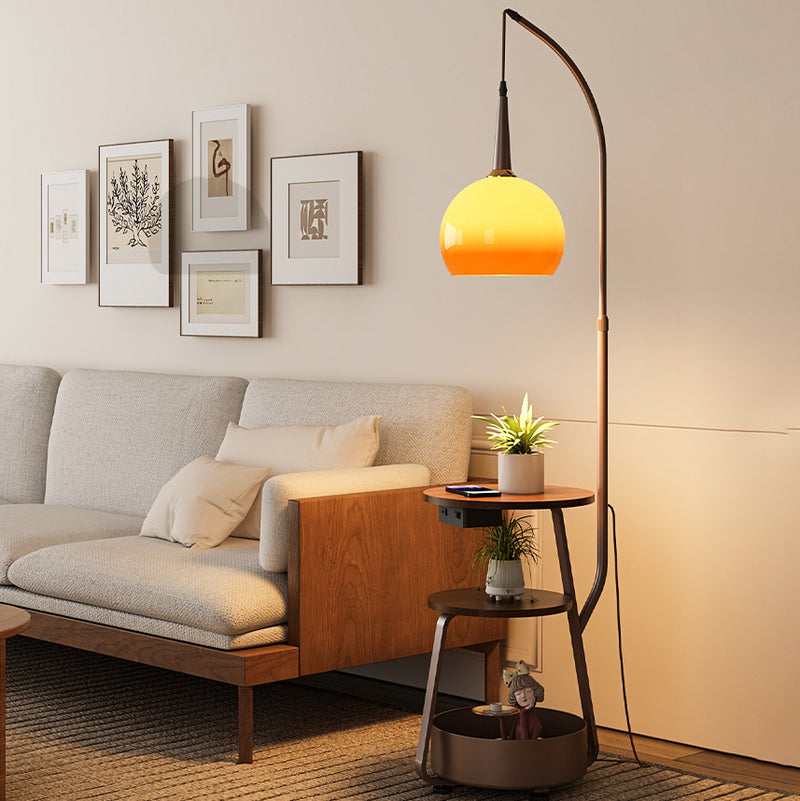 Contemporary Retro Fishing Rod Round Globe Wooden Coffee Table Iron Frame Glass Shade 1-Light Standing Floor Lamp For Living Room