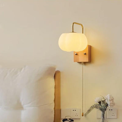 Contemporary Retro Straight Pole Pumpkin Shape PE Shade Square Wooden Base Iron 1-Light Wall Sconce Lamp For Bedroom