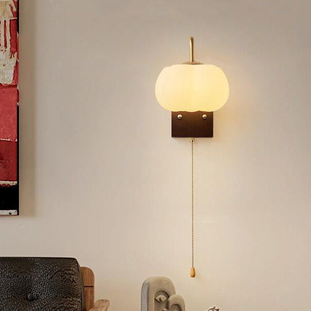 Contemporary Retro Straight Pole Pumpkin Shape PE Shade Square Wooden Base Iron 1-Light Wall Sconce Lamp For Bedroom